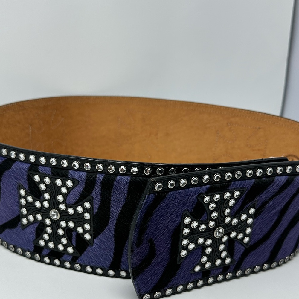 3D Women’s Belt Hand Loomed Leather 4” Hook Loop Purple/Black Zebra Fur E8